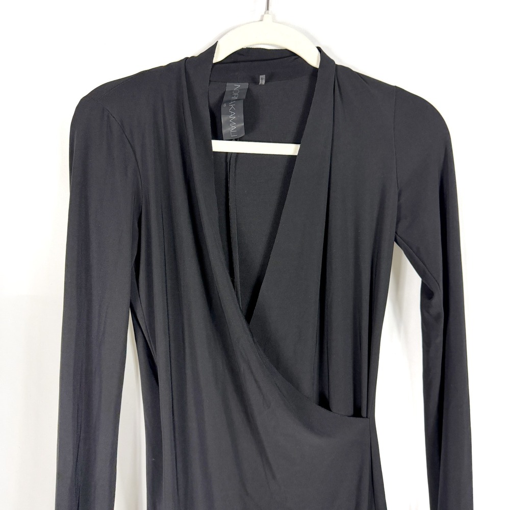 Norma Kamali Side Drape Modern Dress Black Jersey Long Sleeve V-Neck Knee Sz XS - Picture 5 of 10